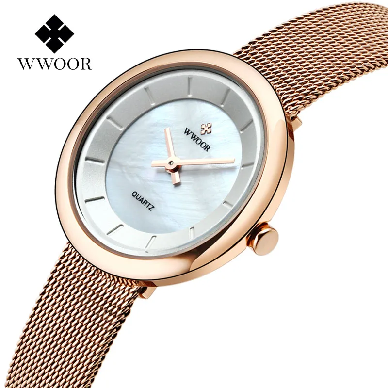 WWOOR, элегантные Брендовые женские часы из розового золота,, Montre Femme, модные женские часы с браслетом, ультратонкие кварцевые наручные часы Relogio - Цвет: Rose gold