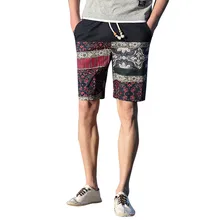 Для мужчин Шорты летний Повседневное Этническая Стиль печатных свободные хлопковые середины талии Лен пенька пляжные шорты мужские с эластичной талией Шорты c0429