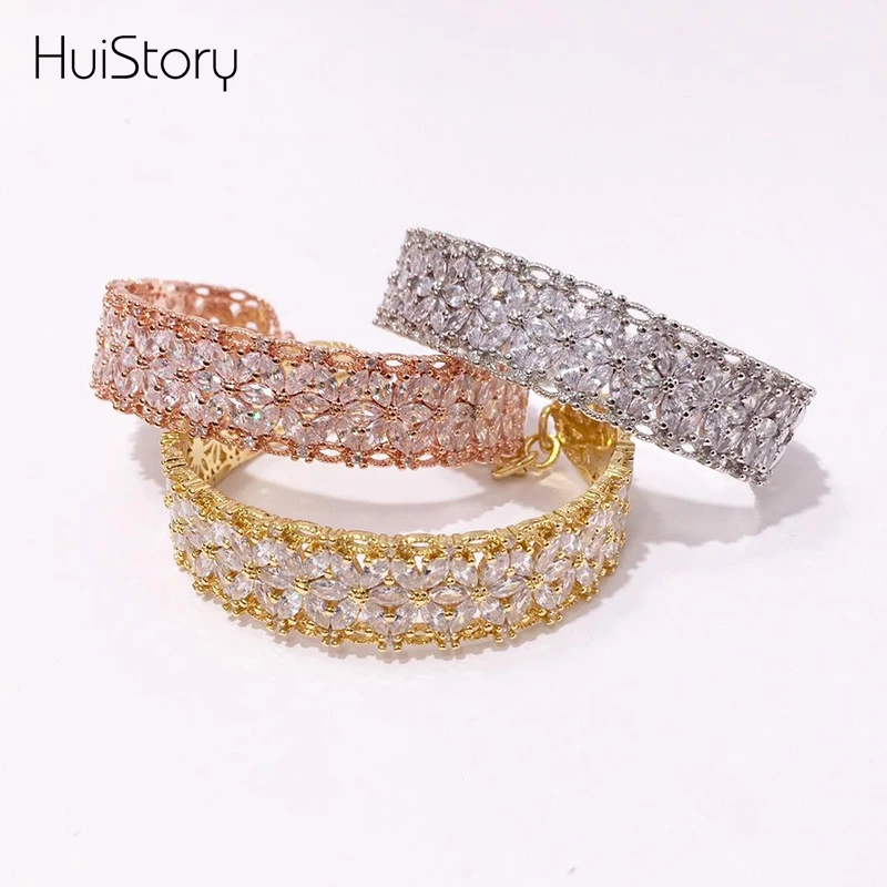 

HUISTORY Wide Version Faux Lace Flower With Chain Bracelet With Zircon Stainless Steel Bangle For Women Party Fashion Jewelry