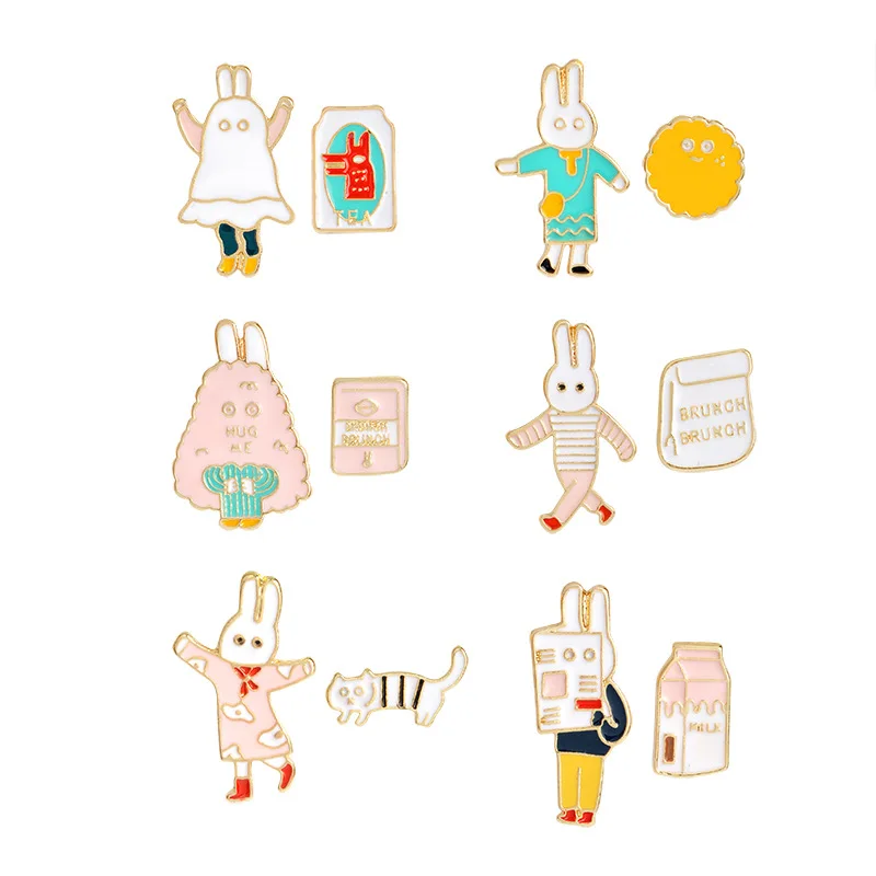 

2 pcs/set Enamel Brooch Jewelry Fashion Women Cute Animal Bangle 6 Models Cartoon Rabbit With Cat/Milk/Book Lapel Pin Hat Pins