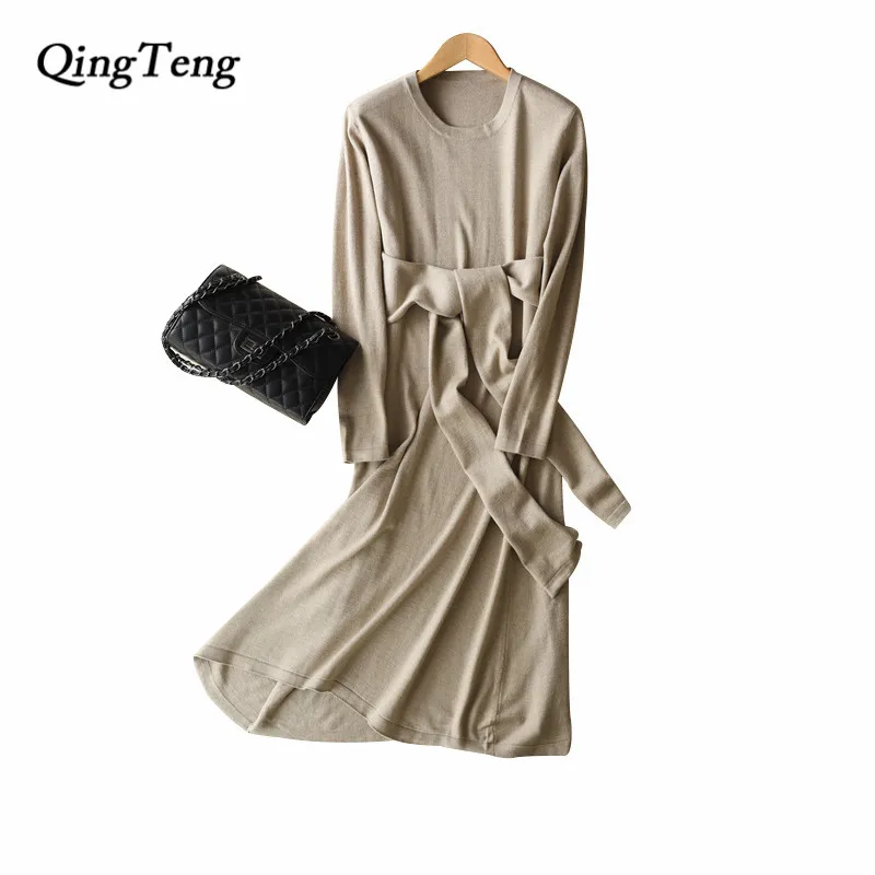 QingTeng Women s Dress Knitted With Wide Belt Spring Autumn Wool Long Sleeve Dresses For Women