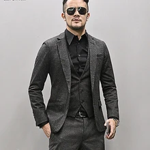 Осень зима шерстяной тонкий повседневный мужской брендовый деловой костюм Британский Стиль Свадебный Блейзер черный полосатый костюм для мужчин F315