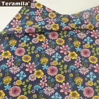 

Teramila Cotton Poplin Fabric High Quality Dark Blue Printed Floral Design Quilting Patchwork Dress Crafts Tissue Clothing