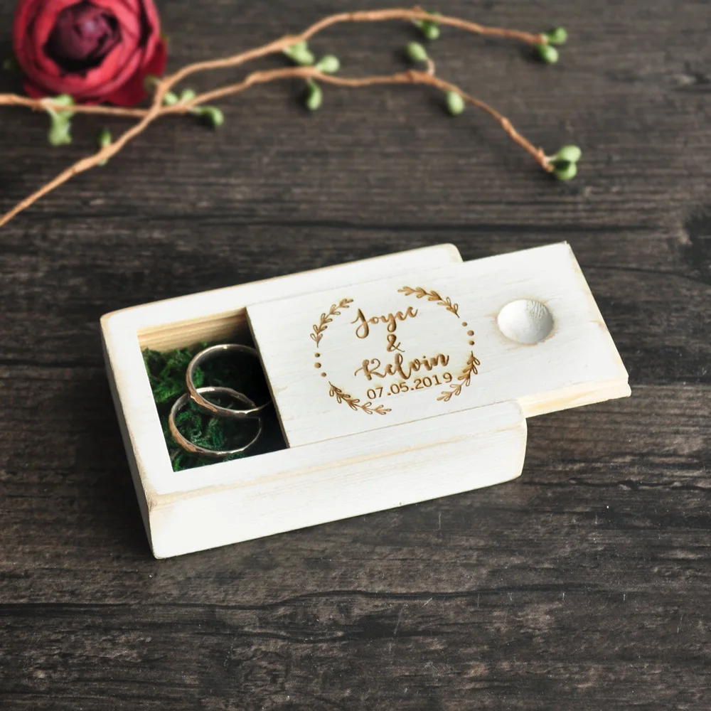 

Personalized Wedding Ring Box, Custom Ring Bearer Box, Wooden Ring Holder, Engraved Names&Date, Customized Wedding Gifts