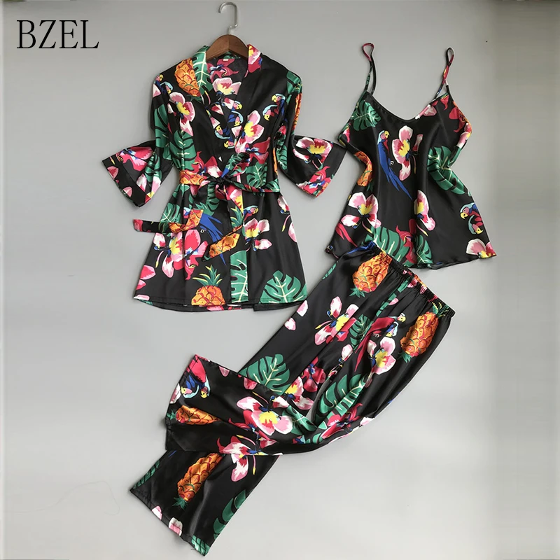 BZEL Sleepwear 3 Pieces Pyjama Set Women Autumn Winter Sexy Pajama Sets Sleep Suits Floral Nightwear Gift Home Clothes Homewear