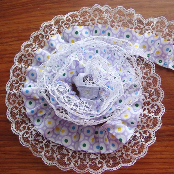 

5Yard 2-layer Pleated Trim Floral Dot Fabric & Lace DIY Sewing Gathered Trim Violet 1661