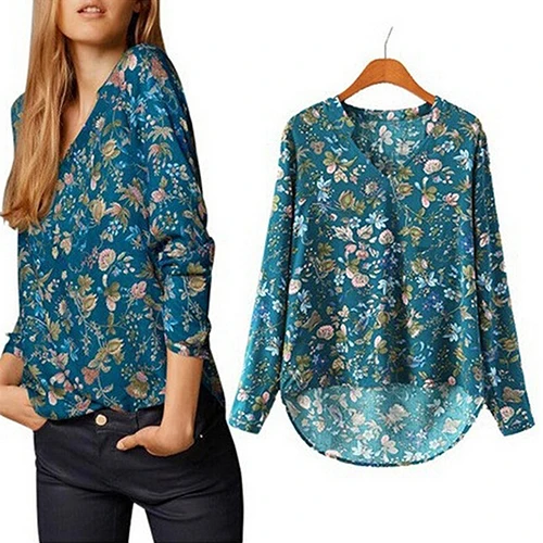 

Women Casual Long Sleeve V-neck Floral Print Shirt Chiffon Blouse Irregular Top