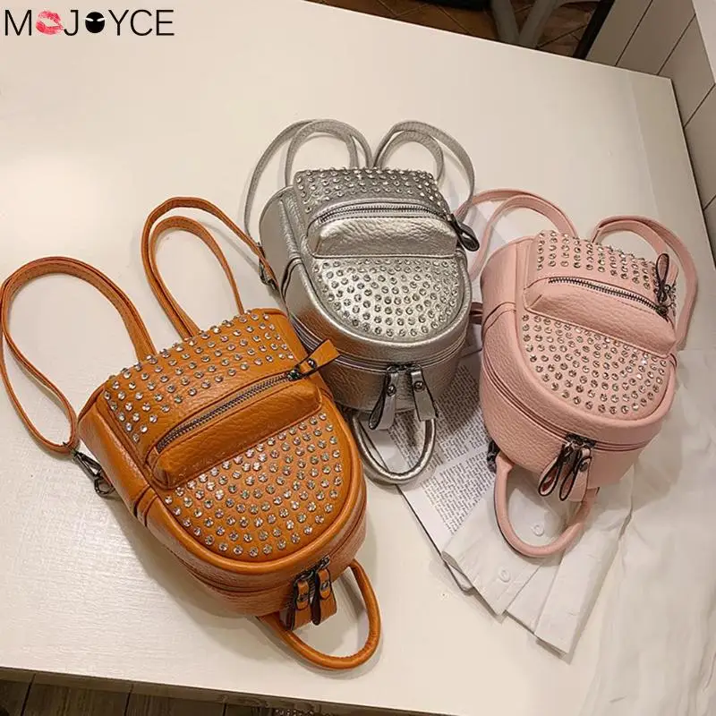 

Women Fashion Wild Backpack Rivet Rhinestone Backpack Women Leather Messenger Vertical Square Knapsack Girl School Bag