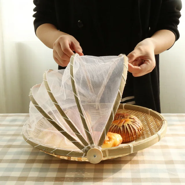 Handmade Bamboo Woven Bug Proof Wicker Basket Dustproof Picnic Fruit Tray Food Bread Dishes Cover With Gauze Panier Osier 1