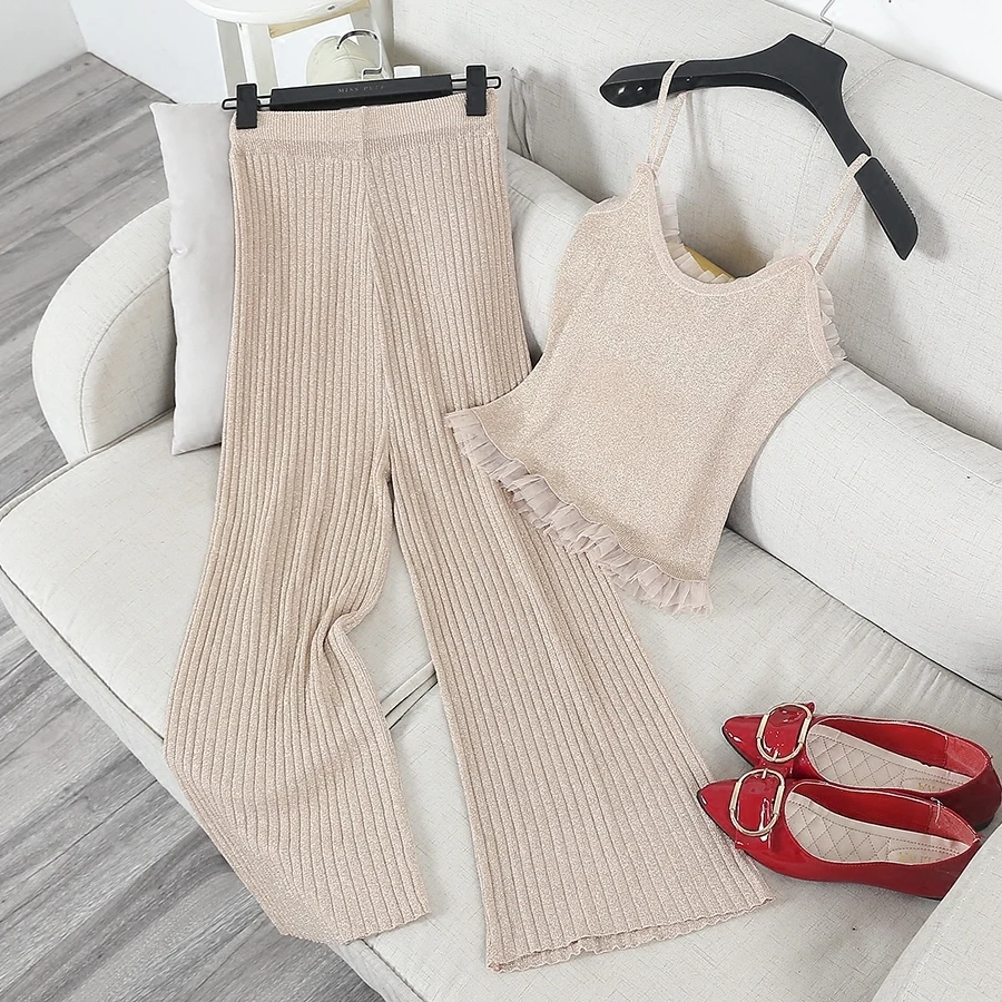 [GUTU] 2017 Verão Nova Moda Cor Sólida Malha Splice Camisa Cinto de Malha de Cintura Alta Perna Larga Calças de Duas Peças Mulheres V25901