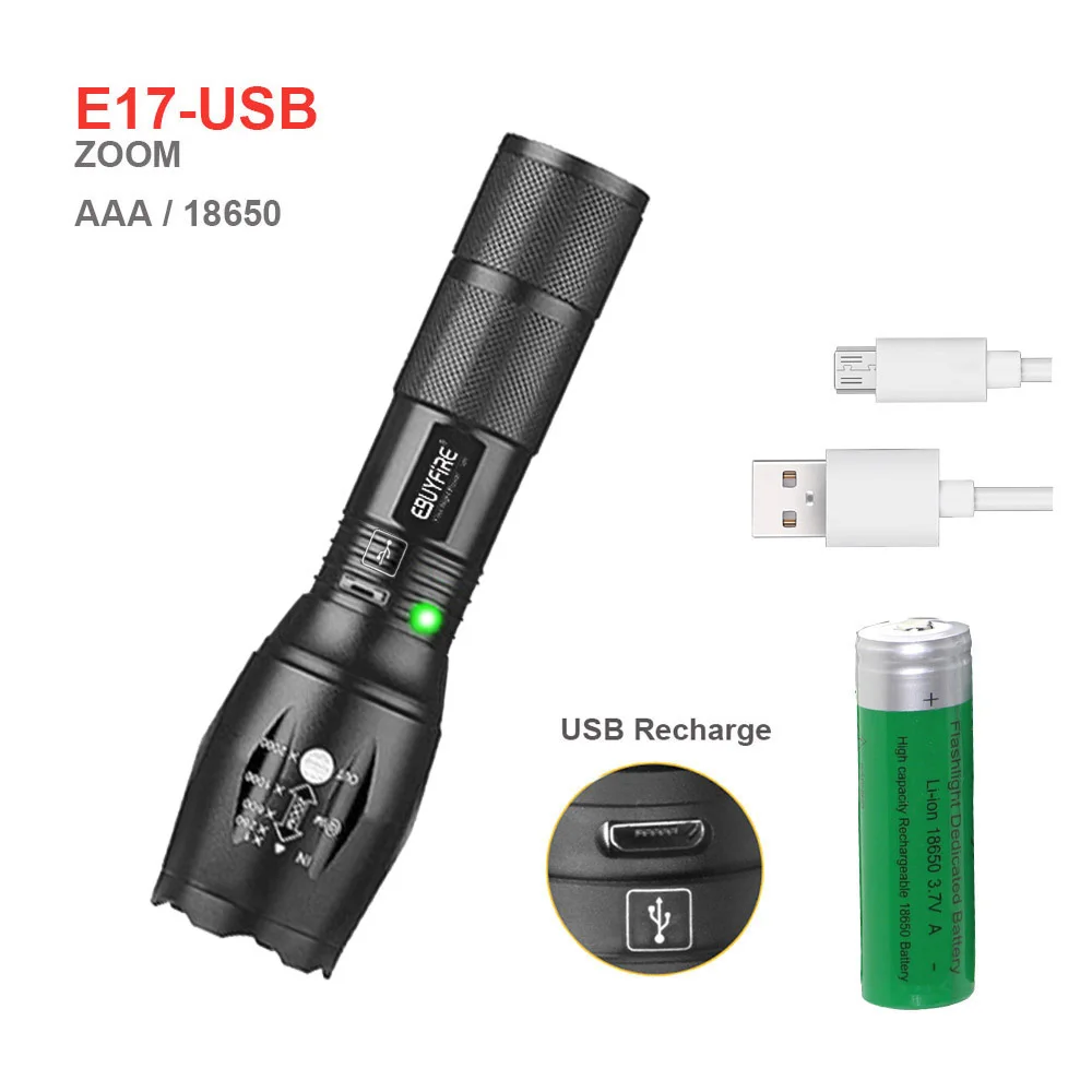 

New USB Flashlight Rechargeable XM-L T6 LED 3800lm AAA torch light 500m Zoomable 18650 waterproof lights
