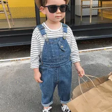 Детские комбинезоны для мальчиков и девочек; длинные джинсы из денима; повседневные весенние брюки на подтяжках; M09