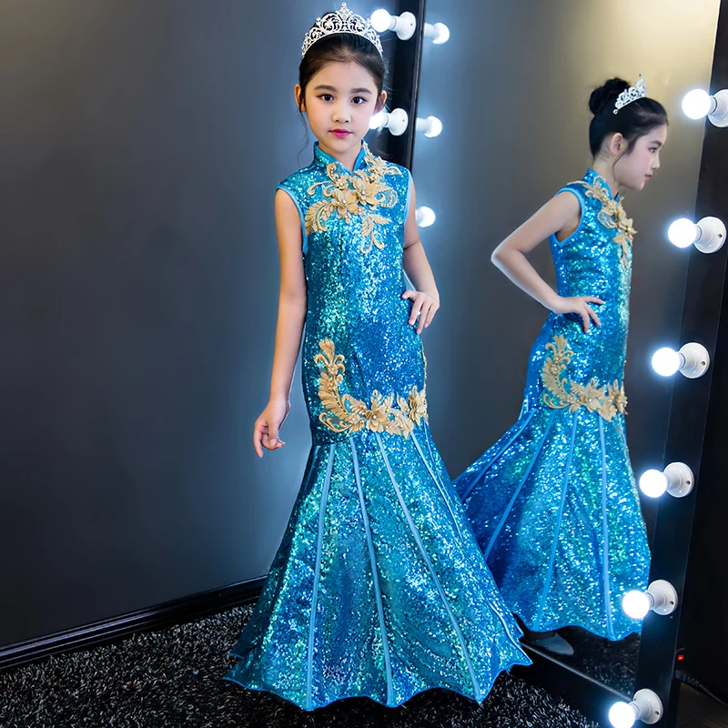 

Royal Blue Mermaid Flower Girl Dresses Sequined Princess Dress Evening Party Backless Kids Pageant Dress Birthday Costume B80