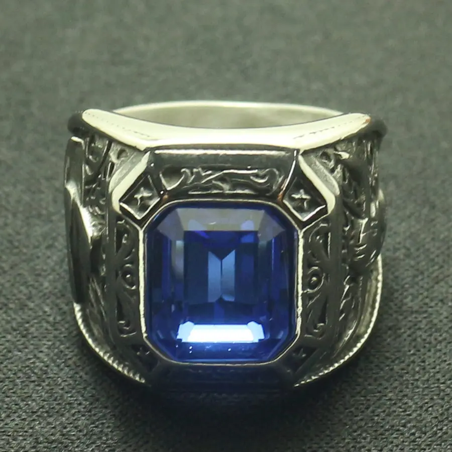 Ковбой Рог носорога для мужчин мальчиков 316L нержавеющая сталь серебро прохладный синий камень кольцо отличный подарок для друга