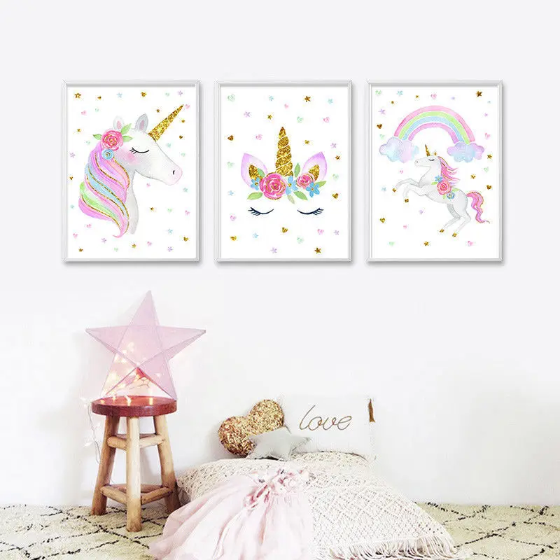 

pcs or set Lovely Unicorn rainbowCanvas Painting Pub Bar Home Decoration Art Poster Wall Picture Nursery Canvas No Frame