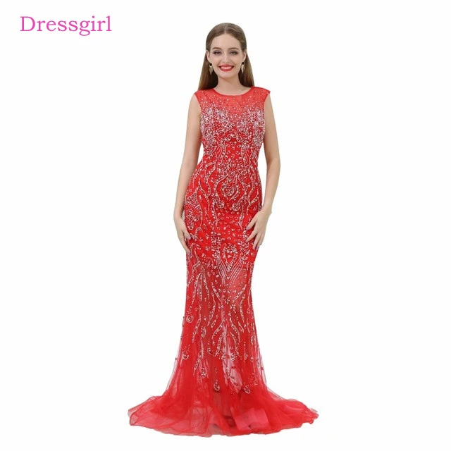 

Red Evening Dresses 2019 Mermaid Cap Sleeves Tulle Beaded See Through Backless Long Evening Gown Prom Dress Robe De Soiree