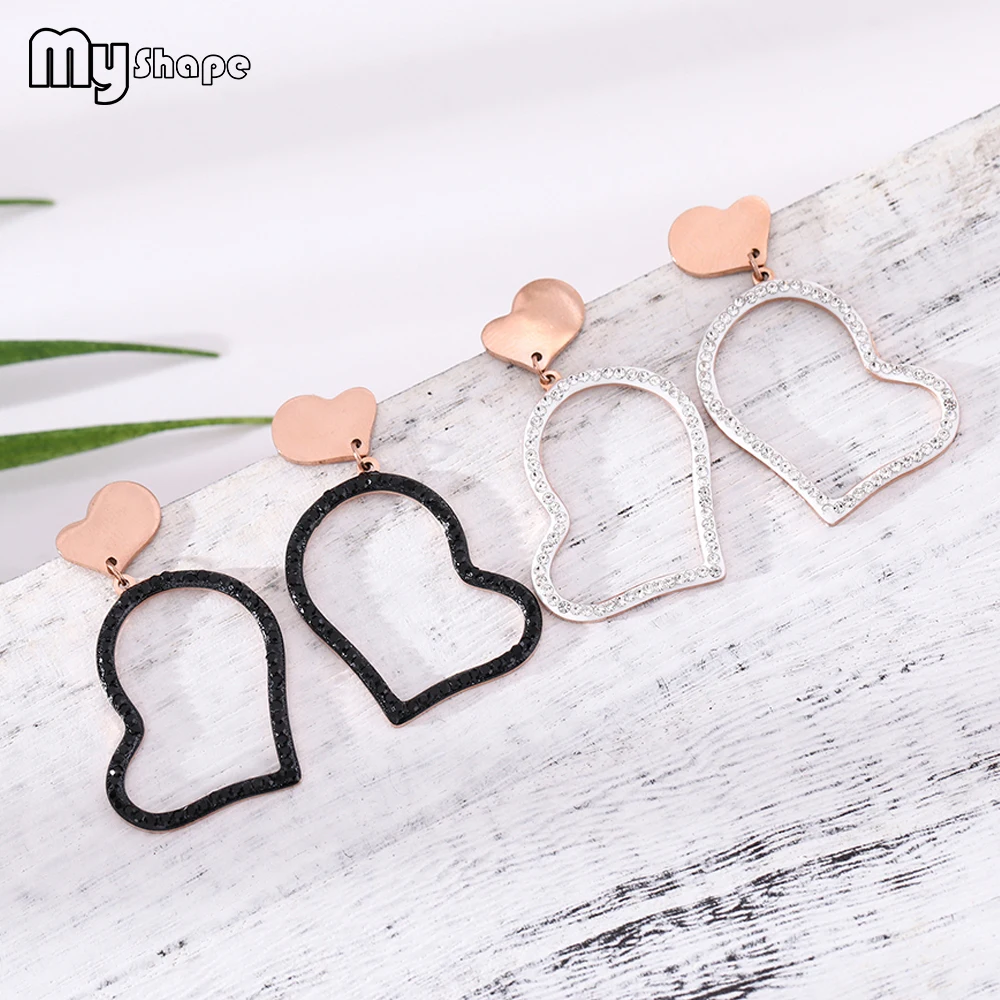 

My Shape White Black Crystal Heart Stainless Steel Earrings Love Rhinestone Drop Earrings Jewelry Women Female Gifts Bijoux 2019