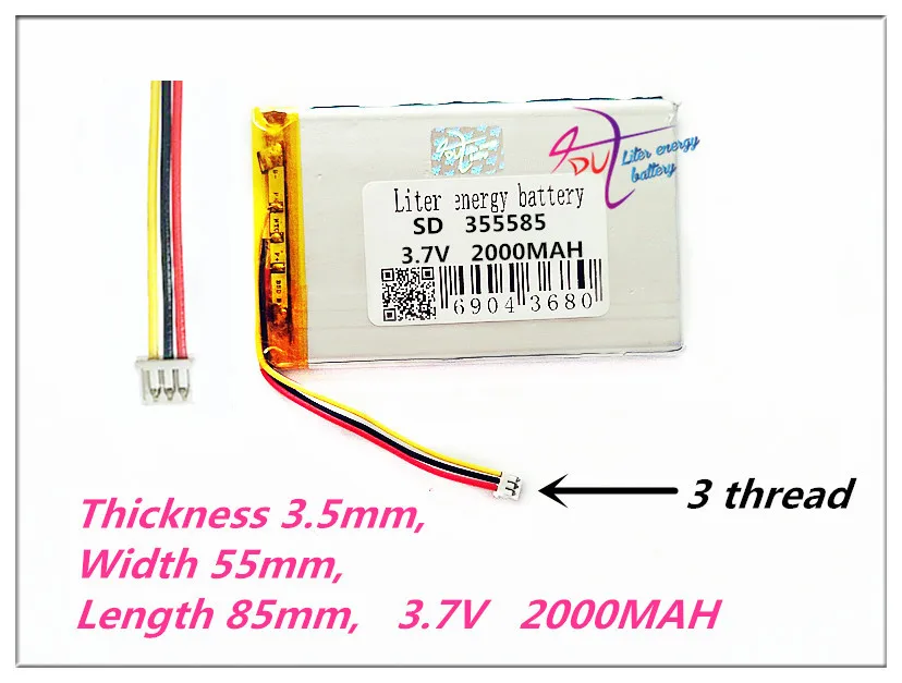 3 нити 355585 3,7 V 2000MAH полимерные аккумуляторные батареи электронная книга 315586 MP3 MP4 внешний аккумулятор DVD DVR gps PDA 305585