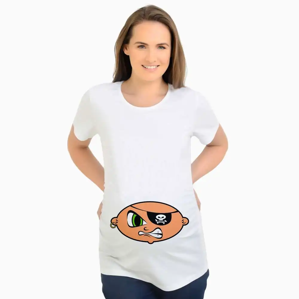 

2018 Summer Funny Maternity Shirt O-Neck Pregnancy T shirt For Pregnant Women Pirate Baby Peeking Out Printed Pregnancy T-shirts