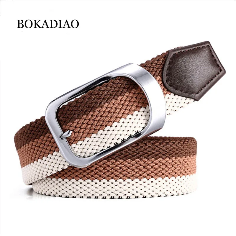 

BOKADIAO men&women elastic belt Pin buckle Weave Stretch Canvas belt 105cm luxury jeans belts for men waistband white strap male