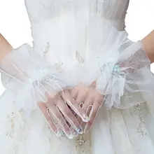 Women Bridal Wedding Sheer Mesh Short Gloves Faux Pearl Beaded Lace Flower Bow Ruffled Full Finger Wrist Mittens Party Costume pearl beaded sheer mesh dress