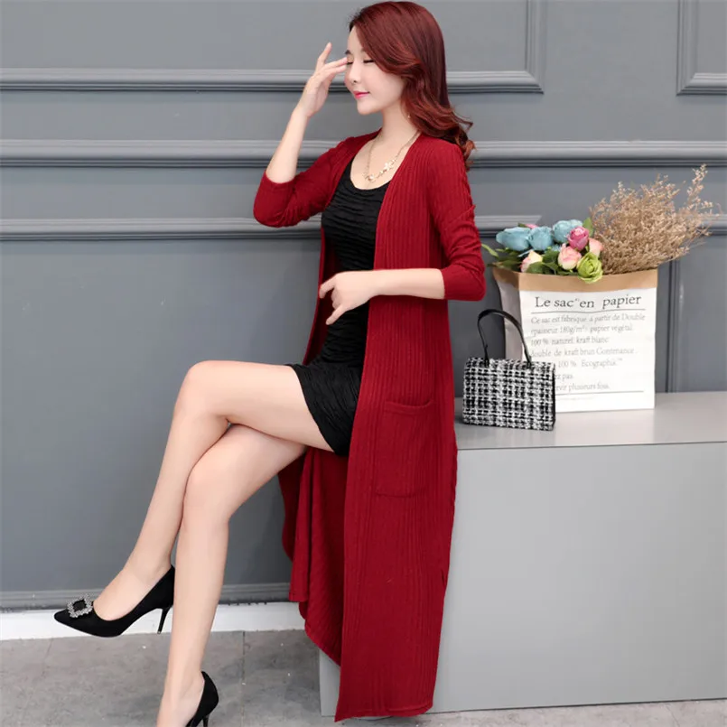 

2019 Elegant Long Burgundy / Black / Red Knit Cardigan Spring Autumn Slim Women Sweater With Pocket Plus Size Chompas Para Mujer