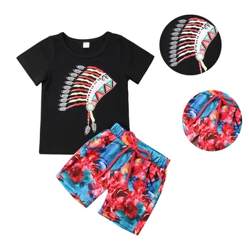 

Infant Baby Clothing Suits Ethnic Print Black Tee T-shirt Tops Floral Colorful Shorts 2pcs Bebe Clothes Sets