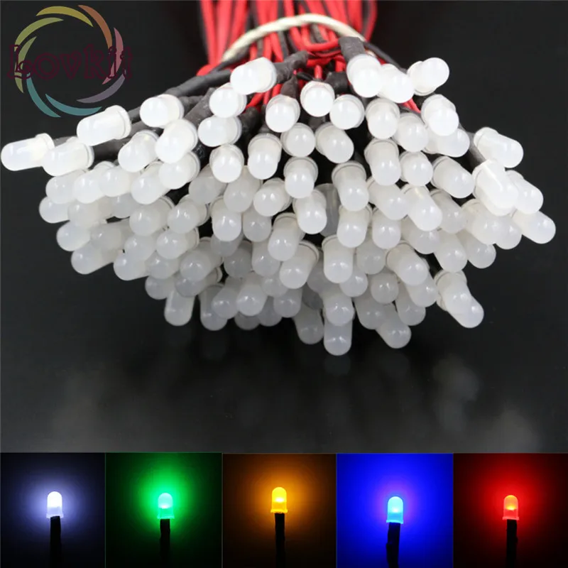 

50pcs 5mm Diffused 12V DC 20cm Pre-Wired LED 10X Each color White Red Blue Green Yellow Emitting Diode For automotive Toy DIY