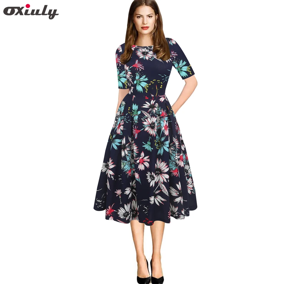 

Oxiuly Elegant Formal Dress Women Floral Printed Tunic Pinup Wear To Work Office Casual Party A Line Flare Skater Autumn Dress