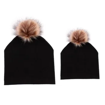 

Winter Spring Baby Hat Faux Fur Baby Cap Cotton Pompom Baby Caps Children's Hats 2PCS(1pcs Mother's+1PCS Baby)