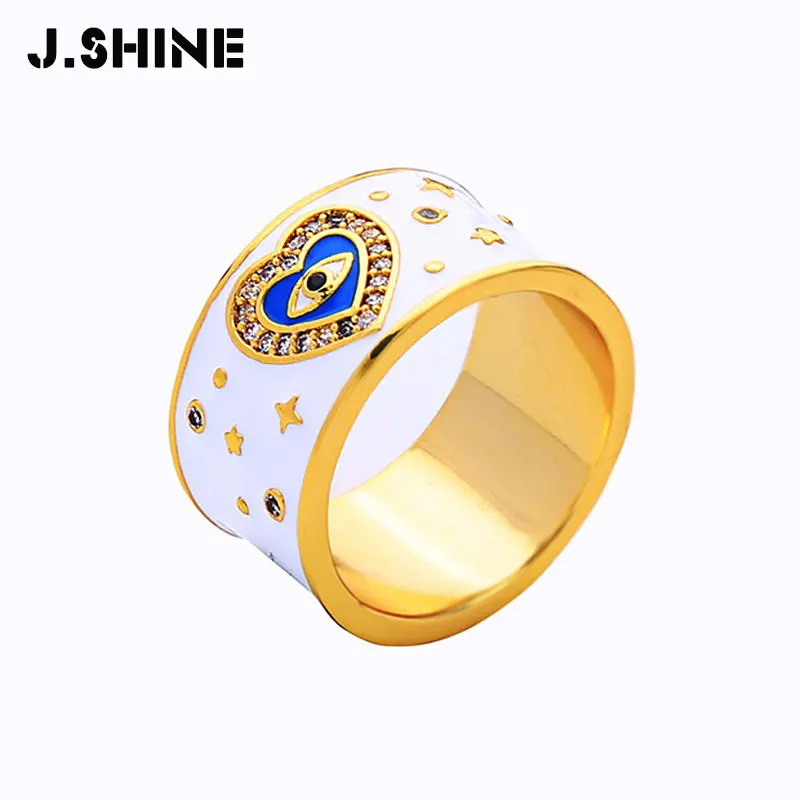 

JShine Delicate Gold Color Brass Enamel Heart Star Ornament Shiny Crystal Evil Eye Finger Ring Women's Ring Female Accessories