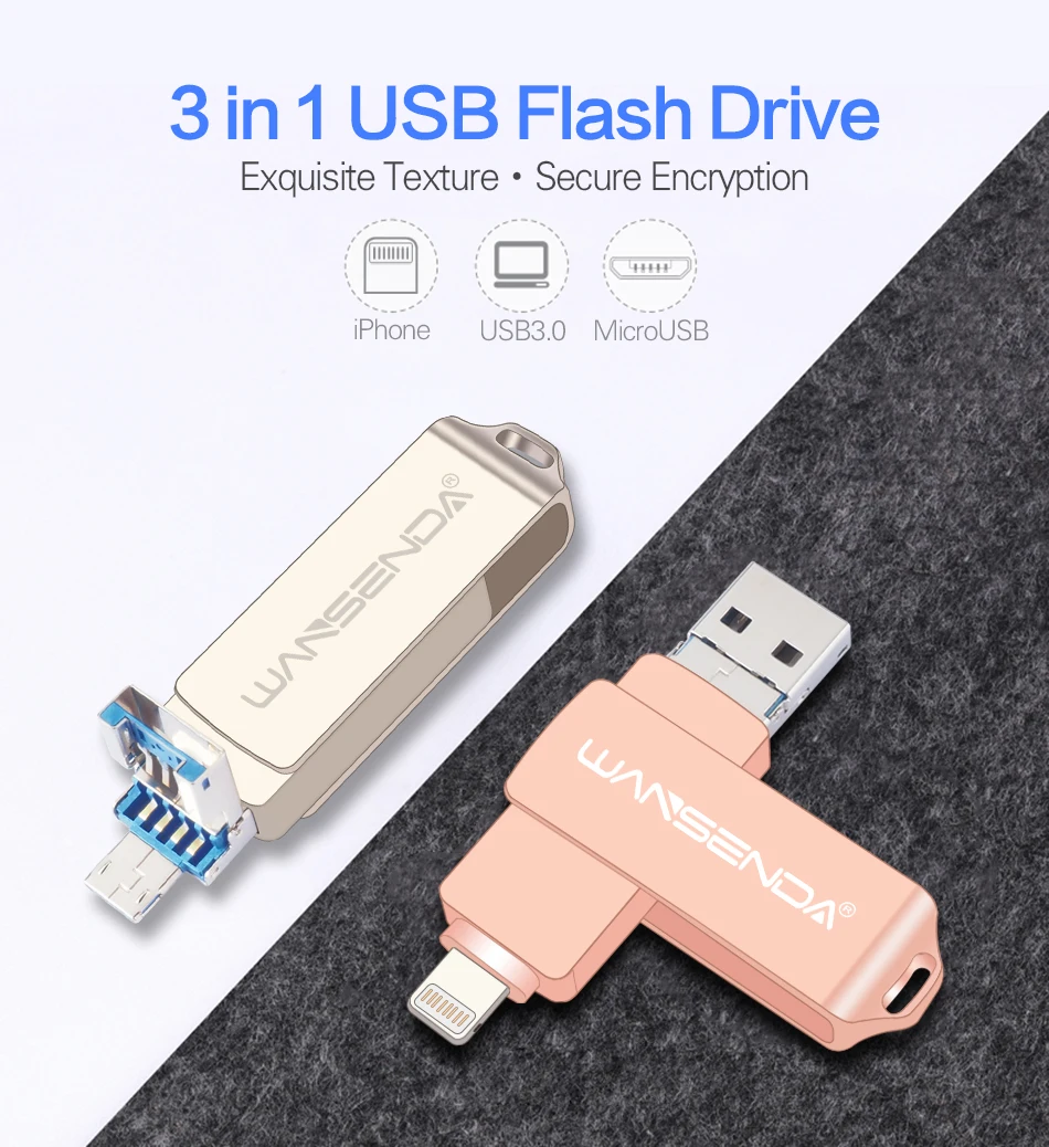 Новый флэш-накопитель wansenda 3,0 OTG Usb Flash Drive 8 GB 16 GB 32 ГБ, 64 ГБ и 128 Гб флешки 3 в 1 Micro Usb флеш-накопитель диск