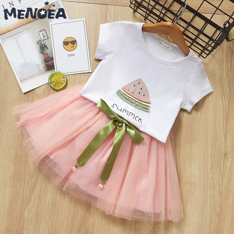 Menoea/платье для девочек; летнее Повседневное платье-футболка с короткими рукавами и буквенным принтом; 2 предмета; Сетчатое бальное платье принцессы для девочек; детская одежда