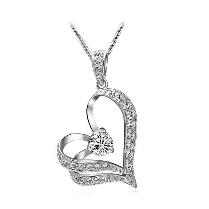 font b Fashion b font Women Crystal Rhinestone Heart Silver Chain Pendant Necklace font b