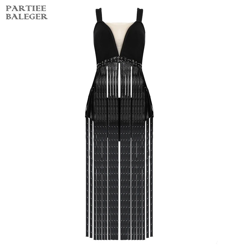 2018 New Arrival Chic PU Tassels Embellished Lace Up Design Sexy Sleeveless V Neck Celebrity Party Bandage Maxi Long Dress | Женская