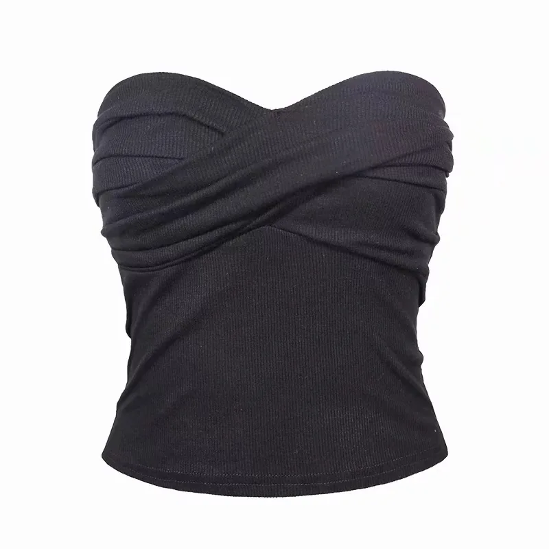 Ellacey New 2019 Summer Beach Women Tube Top Strapless Sexy Tops Ruched Bandeau Top Off Shoulder Crop Top Women Short Intimates