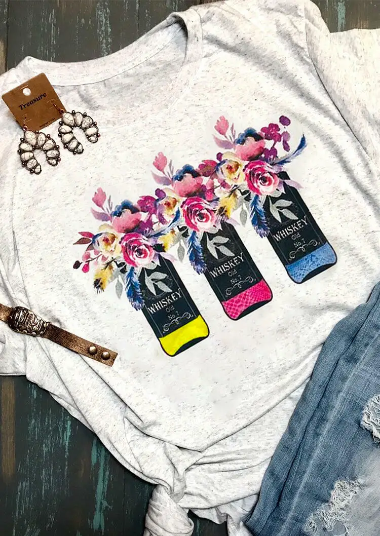 

Summer Women Floral Printed Whiskey T-Shirt Vintage Light Grey Top Femme Short Sleeve Harajuku Korean tee shirt Plus Size 2019