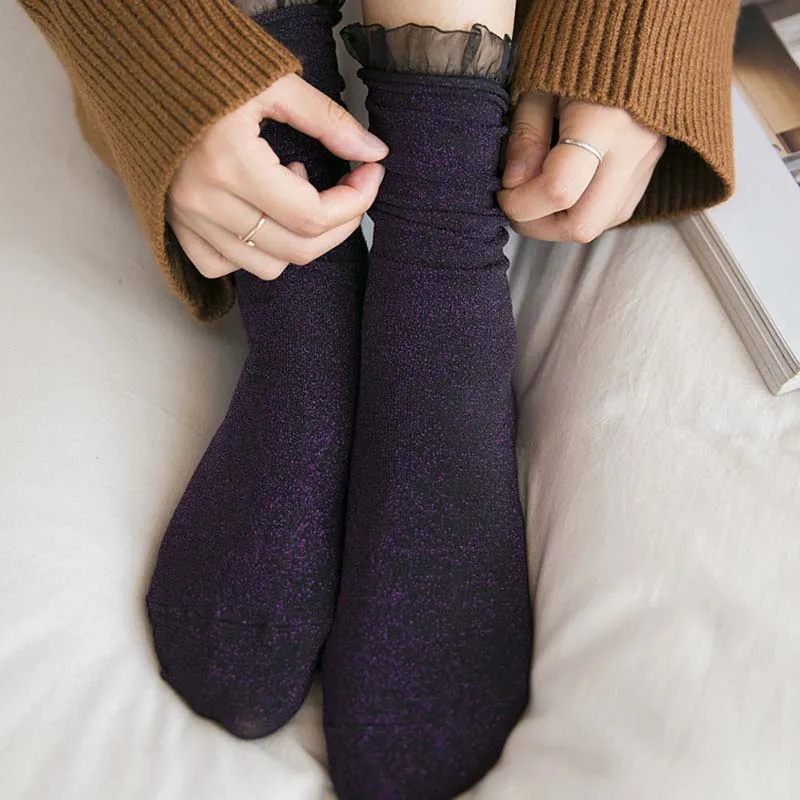 [COSPLACOOL] шелковые кружевные прозрачные дизайнерские носки с блестящим краем золотого и серебряного цвета, сексуальные женские носки в стиле Харадзюку