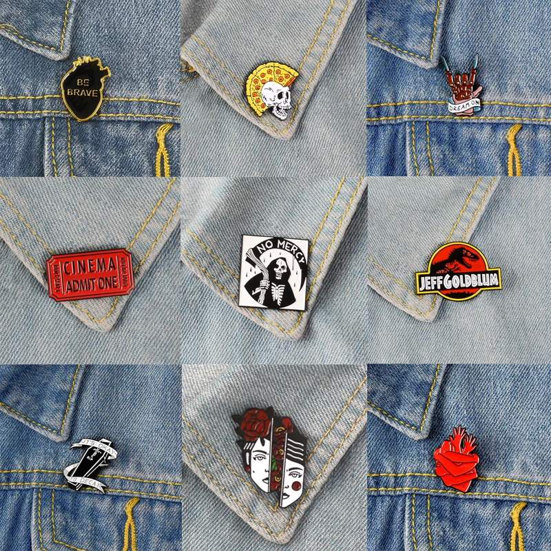 

Creative Heart Skeleton Pizza Dinosaur Enamel Brooch Coffin Jewelry Death God Movie Ticket Face Alloy Badge Jewelry Gift For Kid