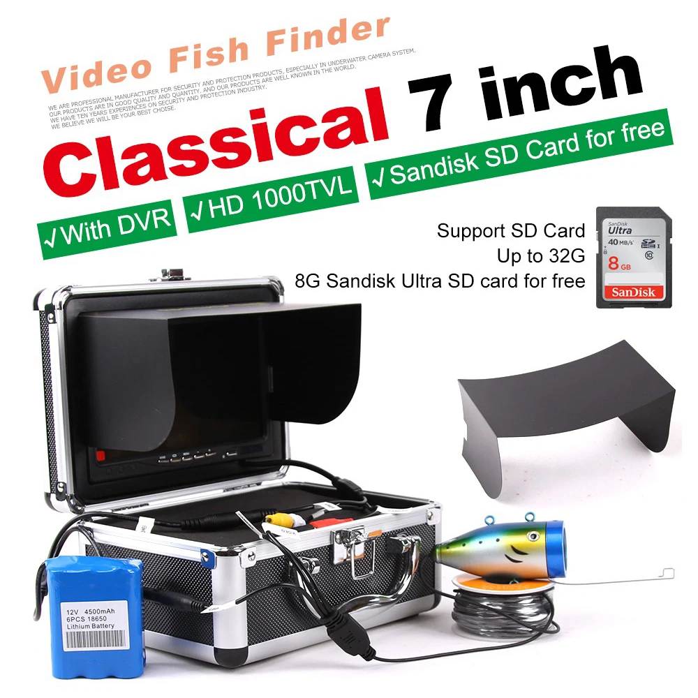 

Vanxse 7" Color LCD Monitor 1000tvl Hd Sony CCD Underwater Fishing Camera Fish Finder DVR video Recorder 8GB TF Card 50Meters
