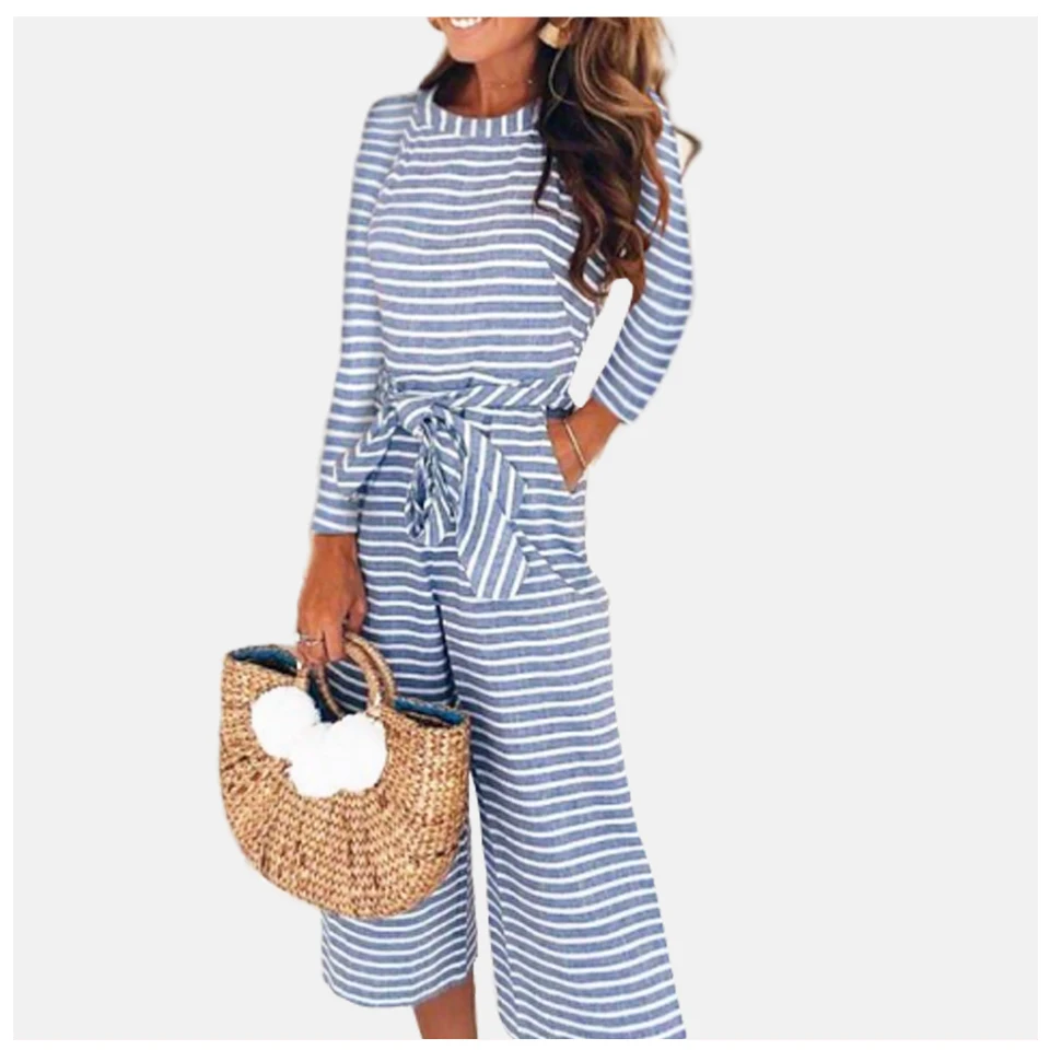 

Stripe Wide Leg Jumpsuit Bayan Tulum Bodies Sexy Casual Women Long Sleeve Side Pocket Crop Jumpsuit Belt Kawaii Jumpsuit Romper