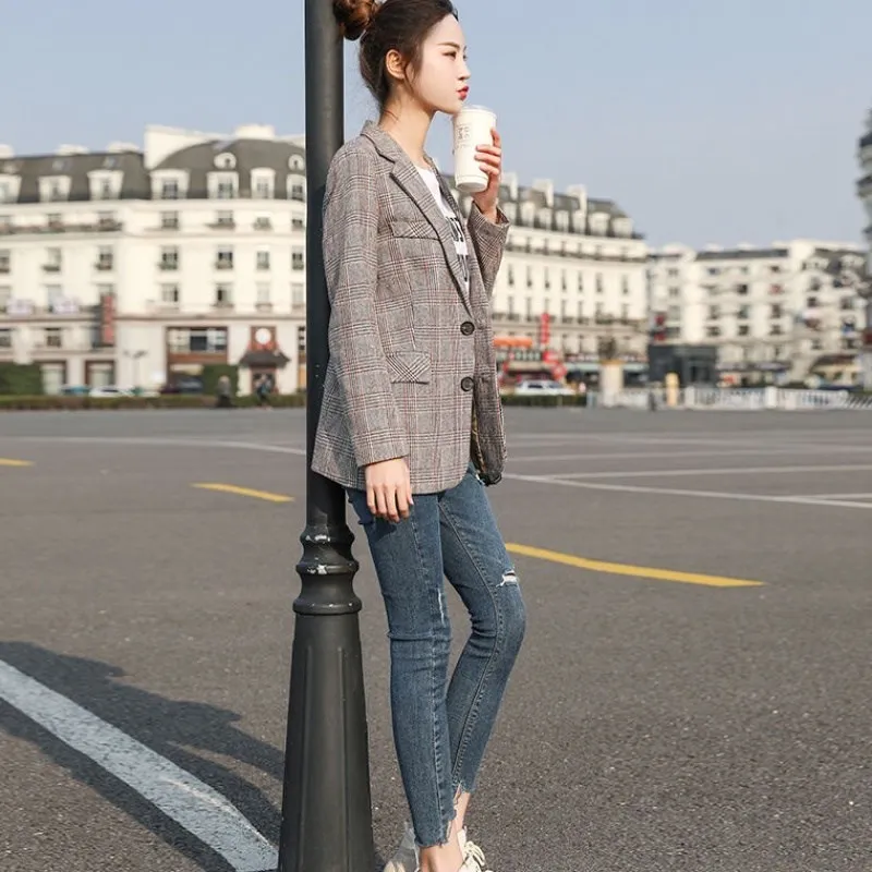 2019 Autumn and Winter New Women Blazers Fashion Casual British Style Blazer Feminino Plus Size 3XL Single Breasted Notched 90s