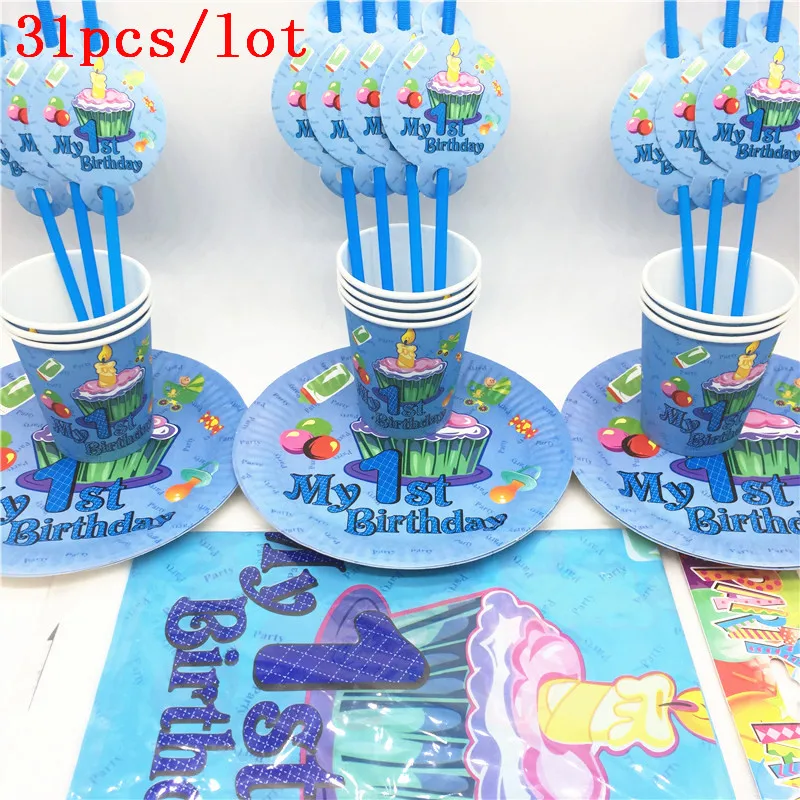 31 шт./компл. синий My 1St на день рождения Baby Shower бумажные тарелки чашки Дети