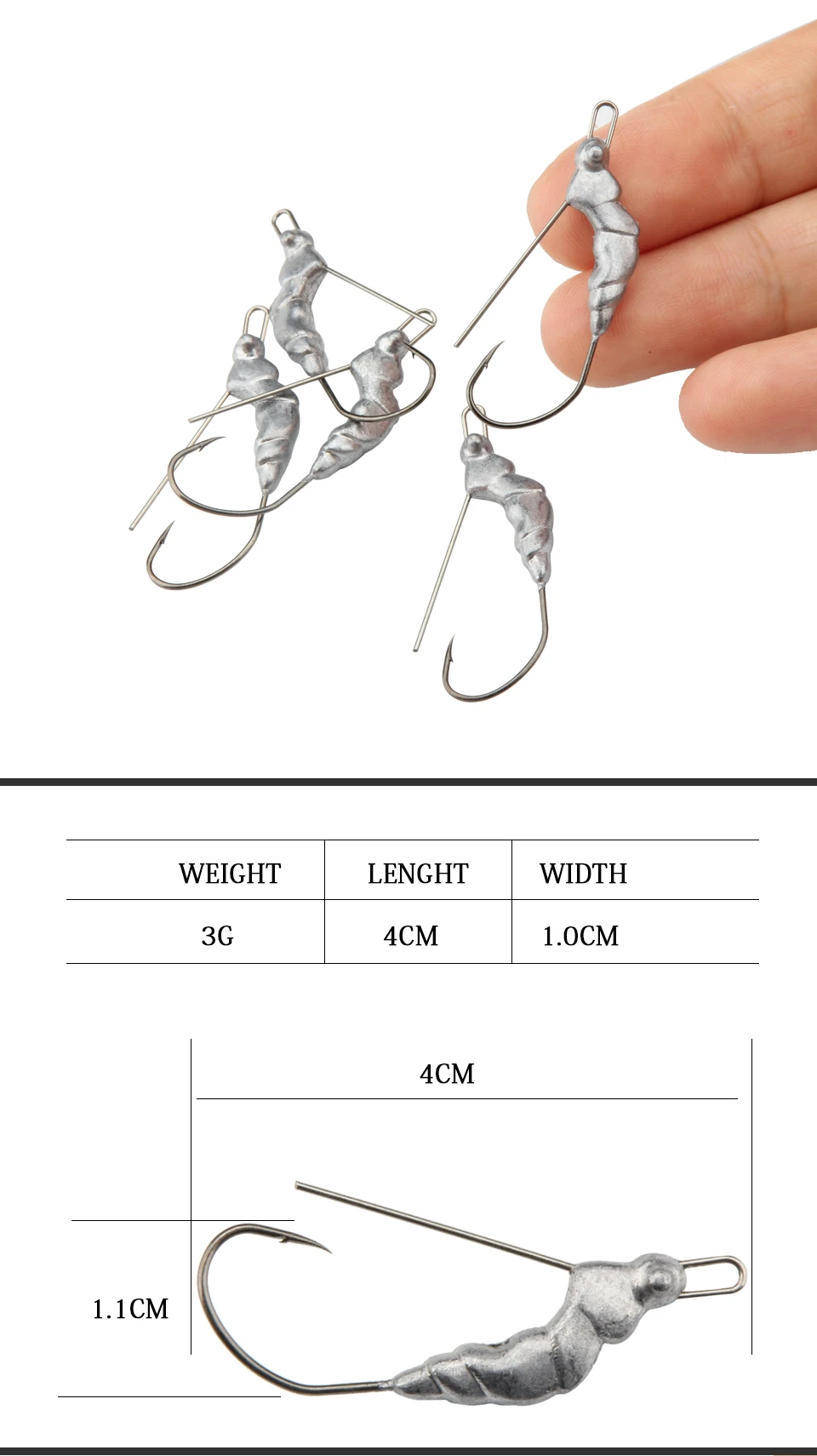 RoseWood Wholesale Price 10pcs Worm Jig Big Fishing Hook Lead Head Fishhook Size 3g Metal Jig Soft Lures Hook  (1)