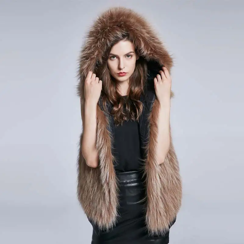 High Quality Hooded raccoon Fur Collar Ladies Jacket Winter Natural ...