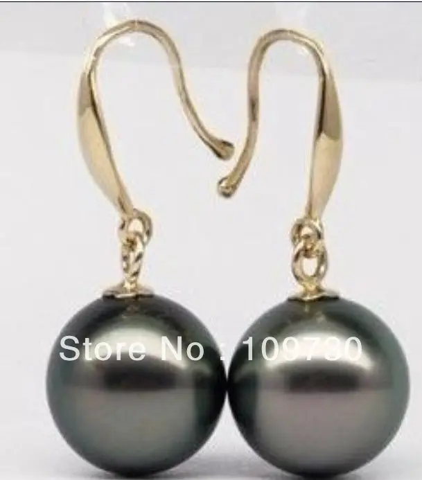 Simple Round Flawless 10mm Black Tahitian Pearl Drop Earrings 14K Rose Gold