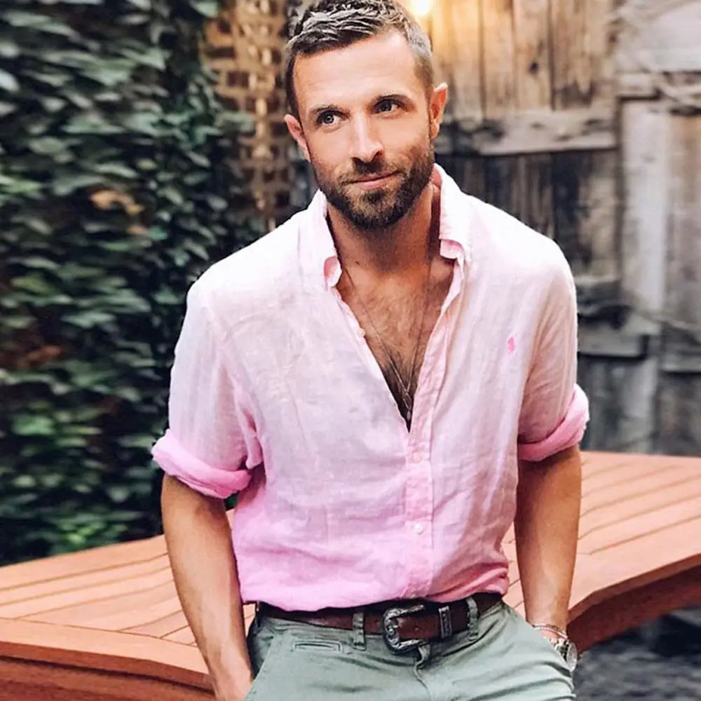 

2018 New Men's Linen Long Sleeve Shirt Summer Solid Pure Color Cool Loose Casual Shirts Tops