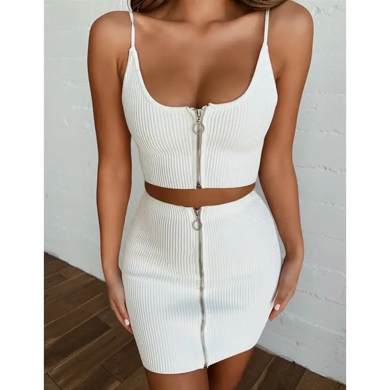

Summer Fashion Sexy 2 Piece Set Zipper Crop Top And Skirt White Women Club Party Outfit Short Matching Sets