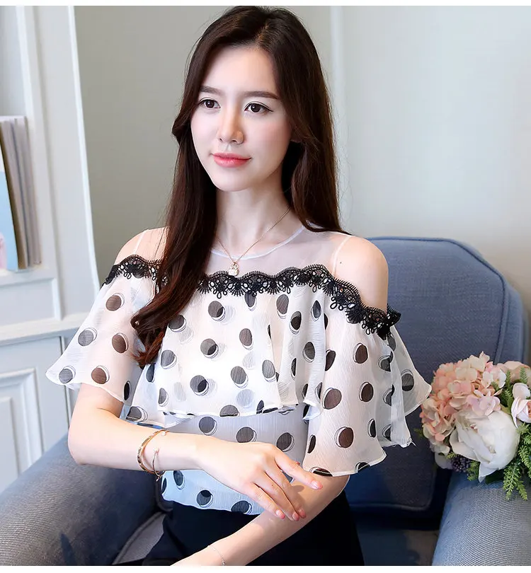 New Polka Dot Shirts Women 2018 Female Summer Blouse Ruffled Open Shoulder Tops Casual Fashion Print Chiffon Blusas Mujer Verano (6)