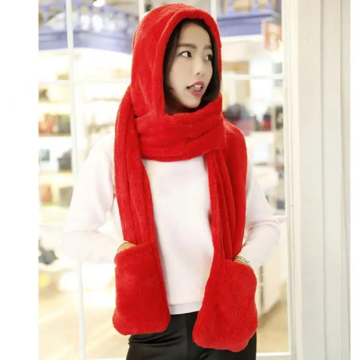 3 in 1 Women Winter Warm Soft Hooded Scarf Snood Pockets Gloves Scarfs Hat Best Sale-WT